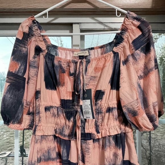 Universal Thread Small Navy Blue Pink Peach Dress Cotton Pockets Puff Sleeves - Picture 4 of 15